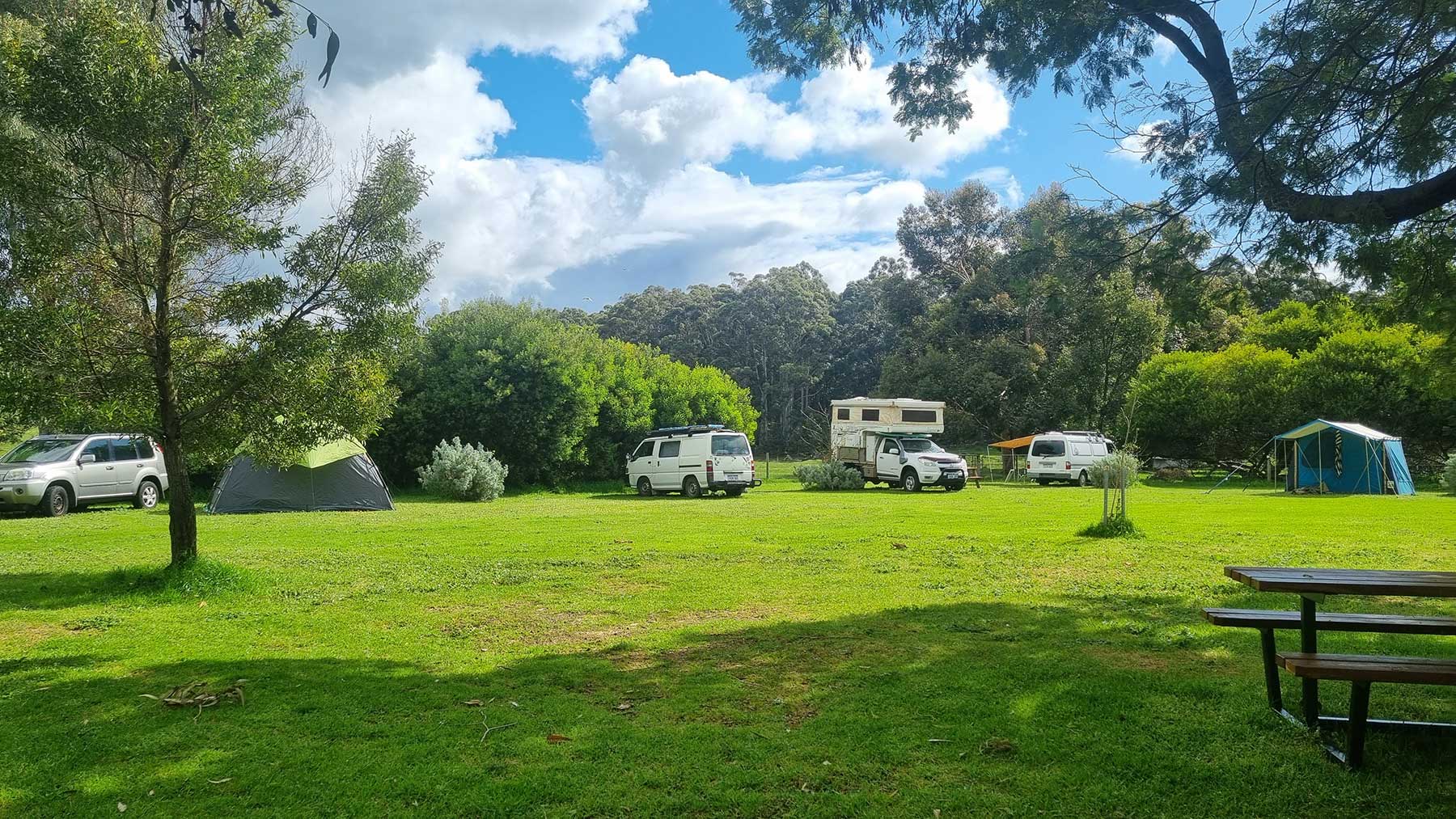A grassy campsite with several tents, campervans, and cars parked among trees under a partly cloudy sky. A wooden picnic table is visible in the foreground. - Fair Harvest Permaculture