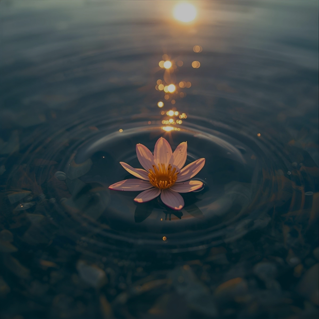 Lotus flower floating on water at sunset