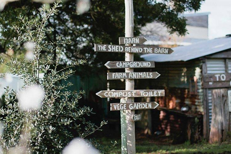 Rustic farm directional signs on a wooden post.