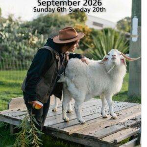 Man with goat promoting permaculture design course 2026.