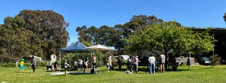 Outdoor gathering under trees and umbrellas.